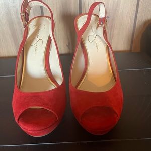 Jessica SimpsonRed Faux Suede Peep Toe Platform Heels: 7.5